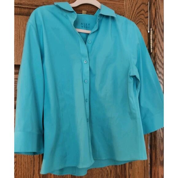 Alex Marie Blouse Long Sleeve Button Front Turquoise Wrinkle Free Stretch 14P - Picture 1 of 6